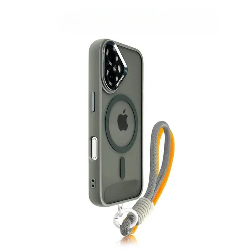 Luxury Metal Lens MagSafe Case with Hand Strap for iPhone 16 Series