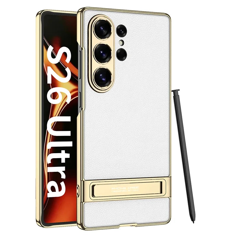 Luxury Matte Leather Case with Hidden Kickstand for Samsung Galaxy S26 Ultra