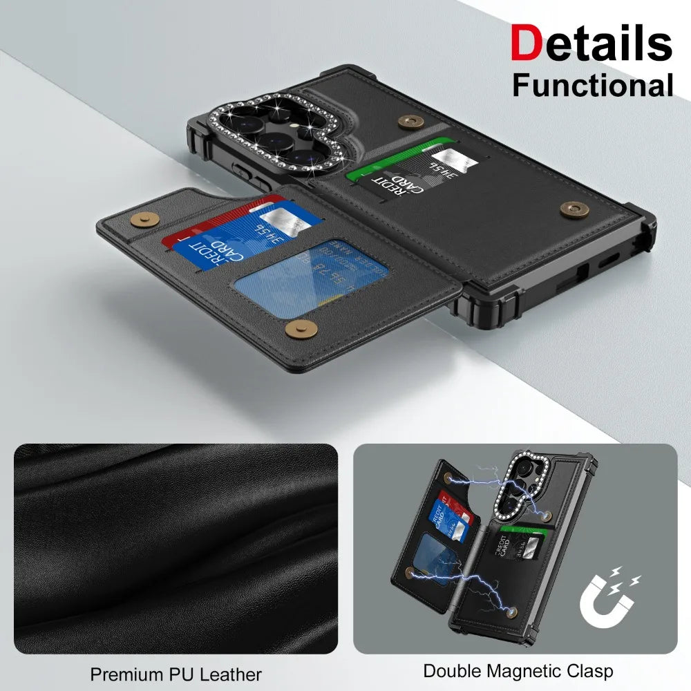 Luxury Glitter Bling Wallet Flip Phone Case with Card Slot Holder for Samsung Galaxy S24 Series