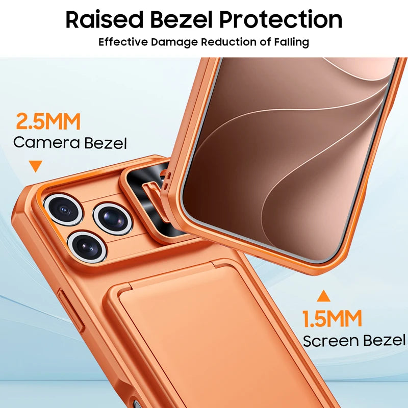 Shockproof PC+TPU Slide Camera Lens Protection Case with 3-Card Wallet for iPhone 18 Series