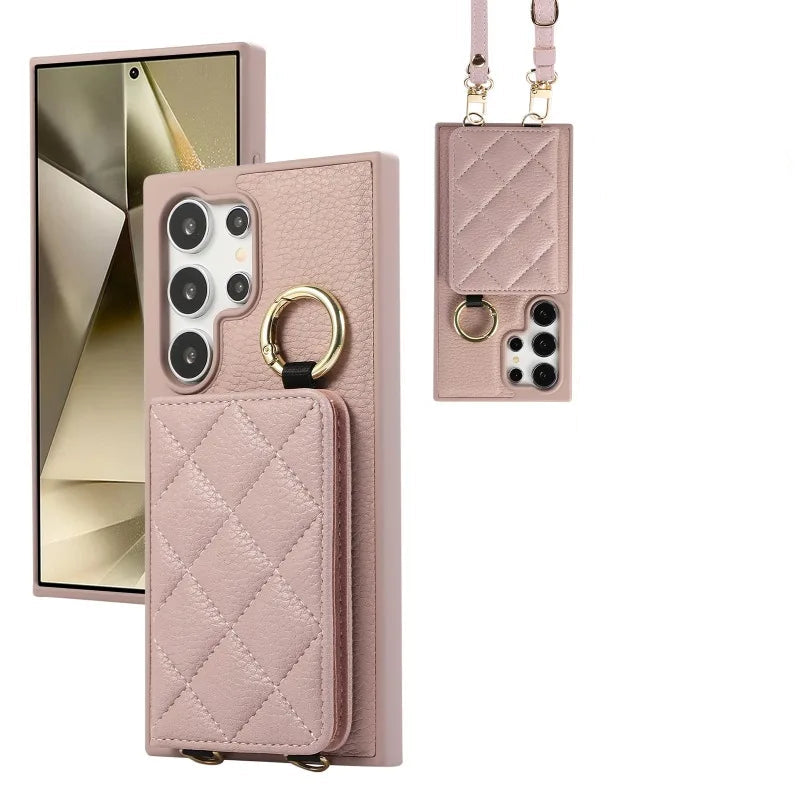 Crossbody Leather Ring Wallet Case with Mirror & Card Holder for Samsung Galaxy S25 Series