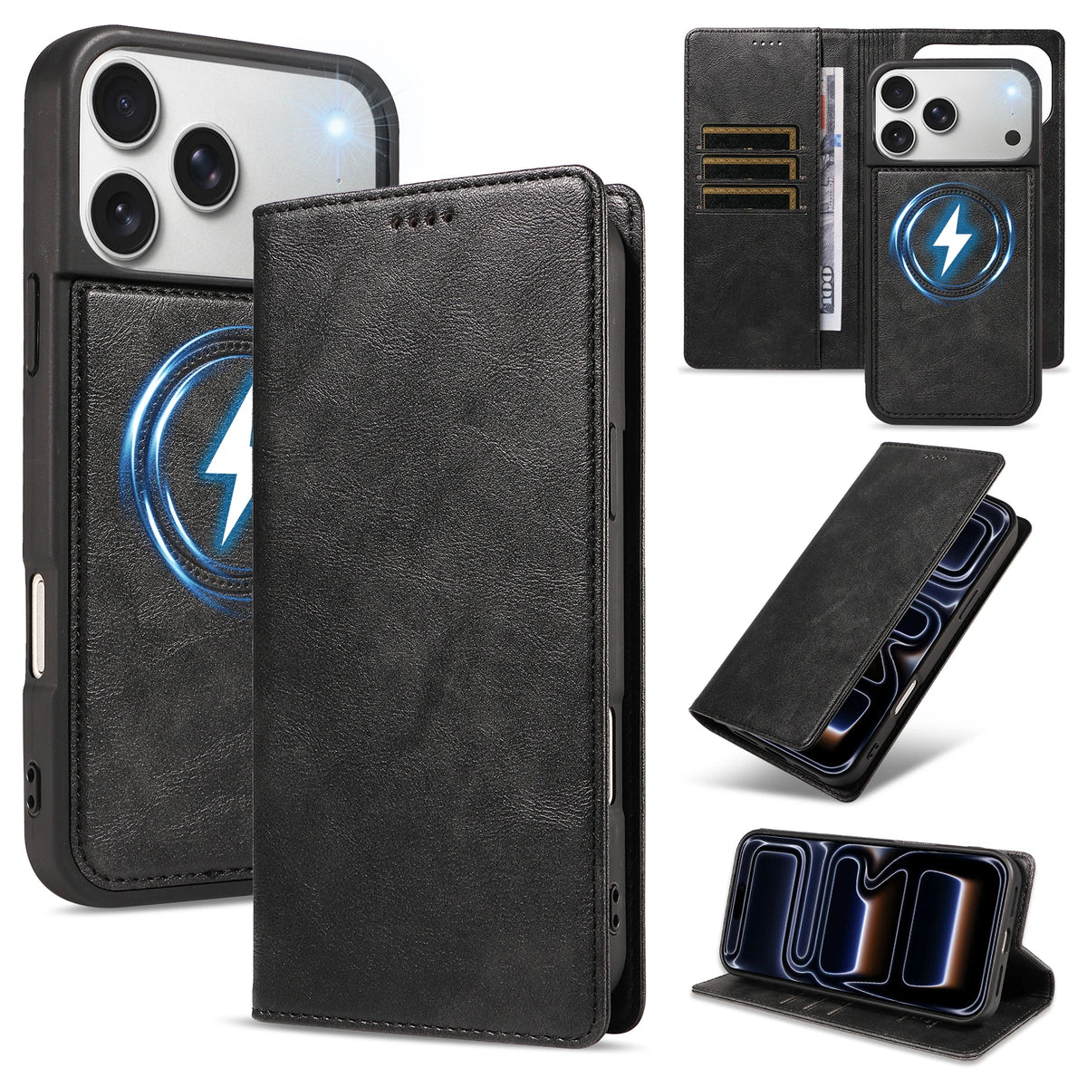 Shockproof Leather Folio Wallet Case with Detachable Magnetic Pouch for iPhone 18 Series