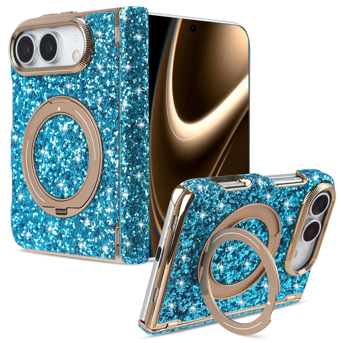 Glitter Rhinestone MagSafe Case with 360° Rotating Ring Stand for iPhone Duo