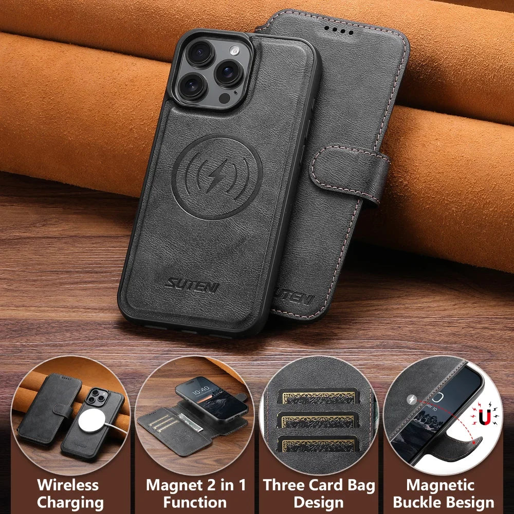 Detachable MagSafe Leather Wallet Case for iPhone 16 Series