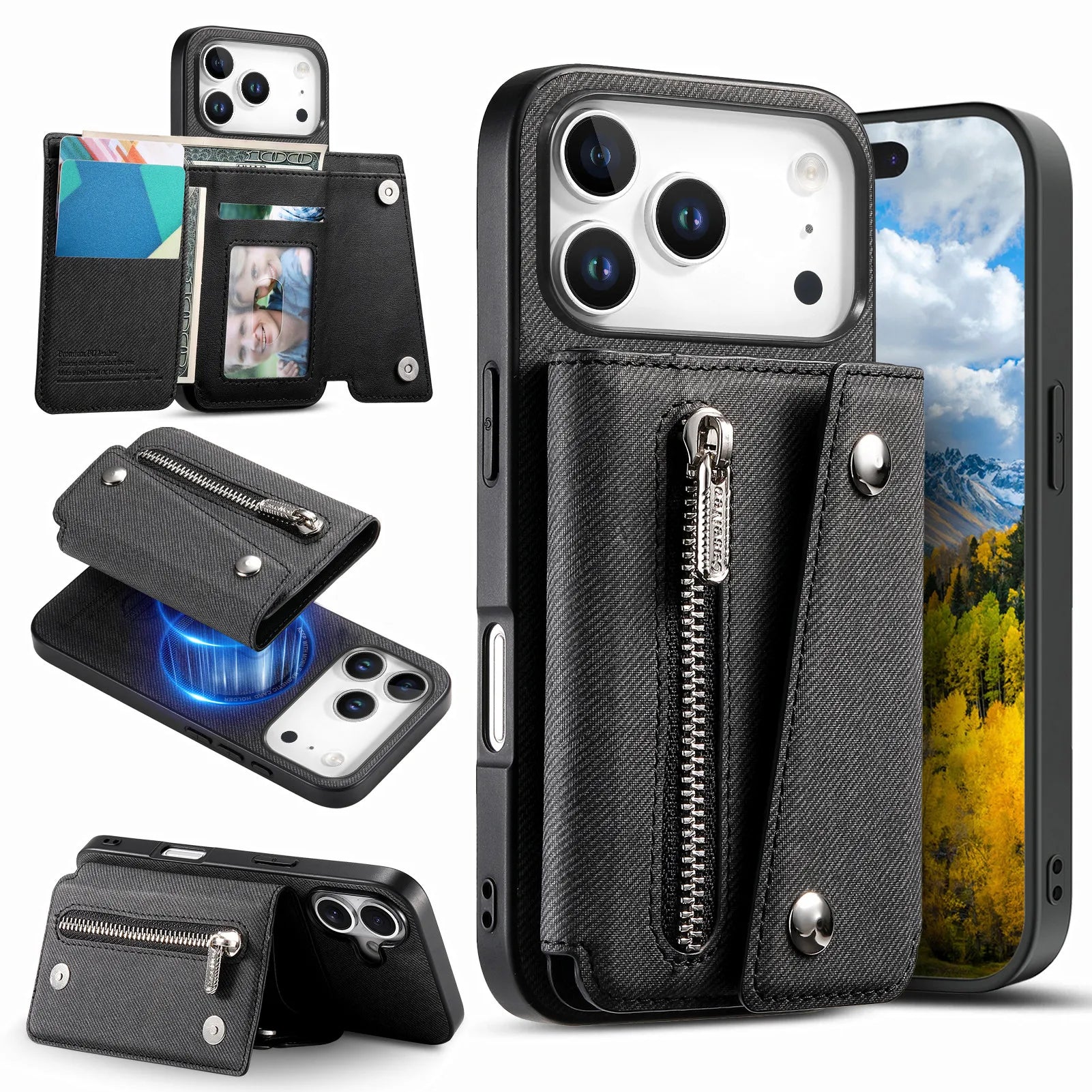 MagSafe Compatible Leather Case with Detachable Zipper Pocket for iPhone 17 Series