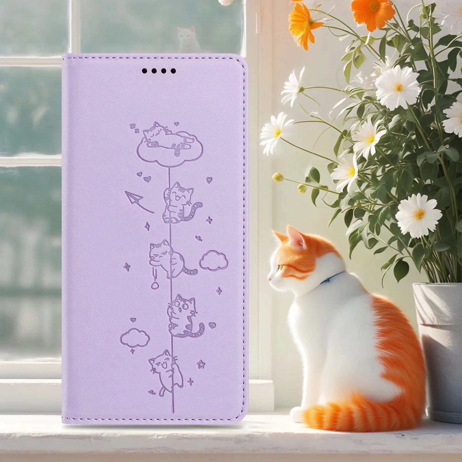 Embossed Cute Cat Flip Wallet Leather Case for iPhone 17 Series