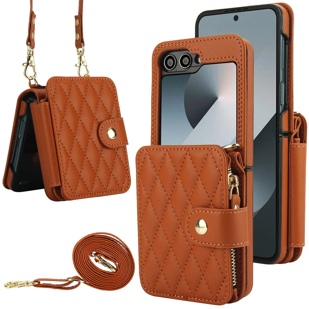 Premium Leather Crossbody Case with Card Holder & Wrist Strap for Samsung Galaxy Z Flip 6