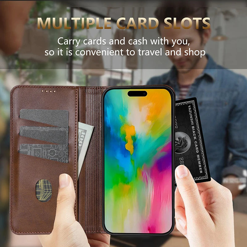 Leather Flip Wallet Case with Magnetic Closure for iPhone 17 Series