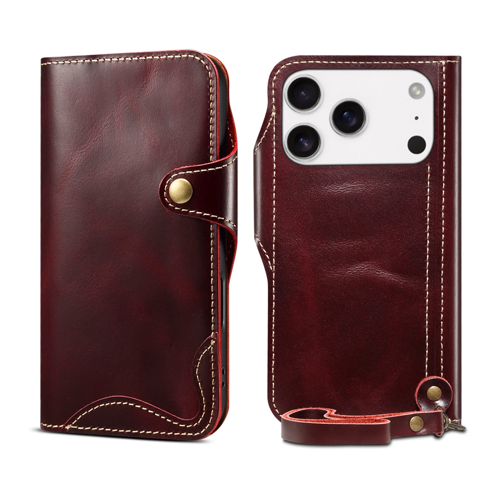 Retro Cowhide Leather Wallet Flip Case with Buckles and Lanyard for iPhone 17 Series