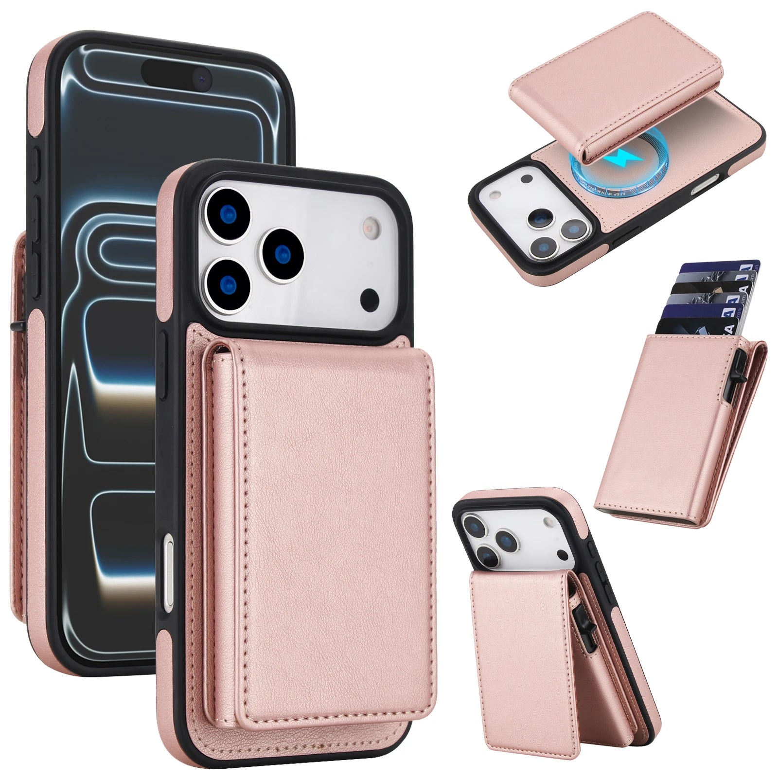 iPhone 17 Series Detachable Leather Wallet Case with Kickstand and RFID Protection