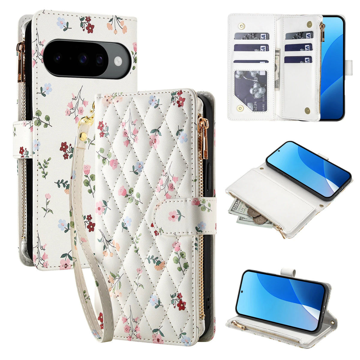Quilted Floral Crossbody Wallet Case with Shoulder Strap for Google Pixel 10 Series