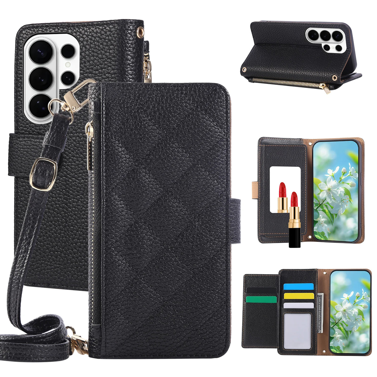 Quilted Leather Crossbody Wallet Case with Detachable Lanyard for Samsung Galaxy S22 Series