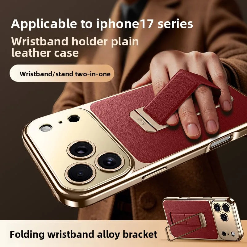 Luxury Business Leather Case with Alloy Kickstand and Wrist Strap for iPhone 17 Series