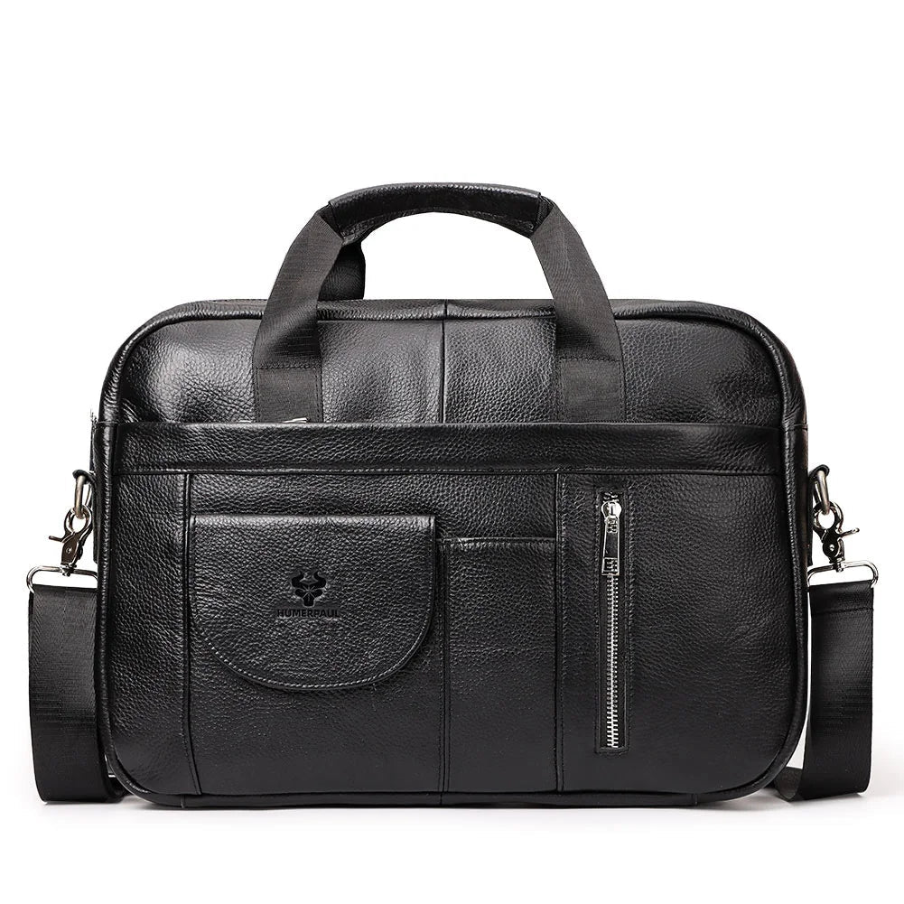 Black leather briefcase with shoulder strap on a white background