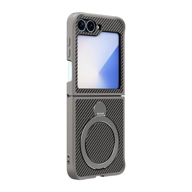 Carbon Fiber Leather Case with Rotating Ring Bracket for Samsung Galaxy Z Flip 6