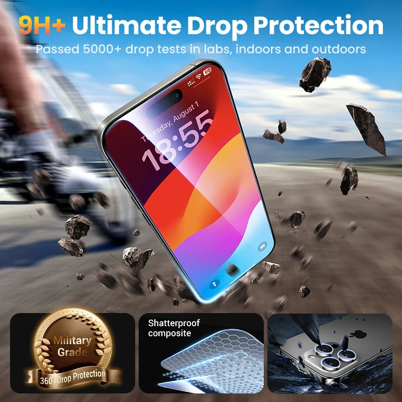 Full Cover Tempered Glass Screen Protector with Camera Lens Protector for iPhone 16 Series