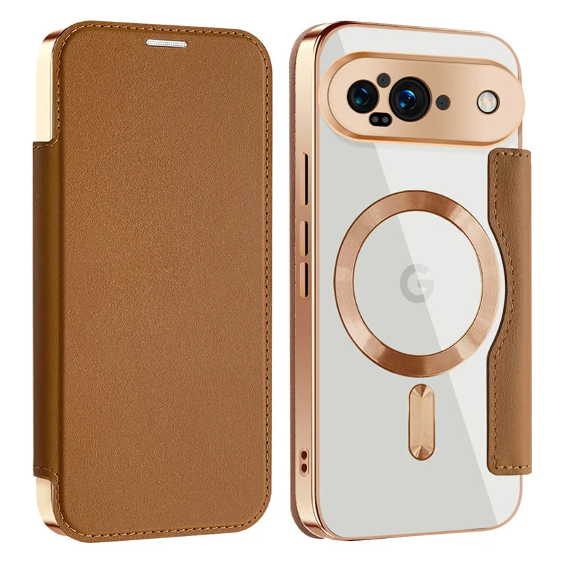 Google Pixel 9 Transparent Magnetic Flip Case with Leather Card Packet