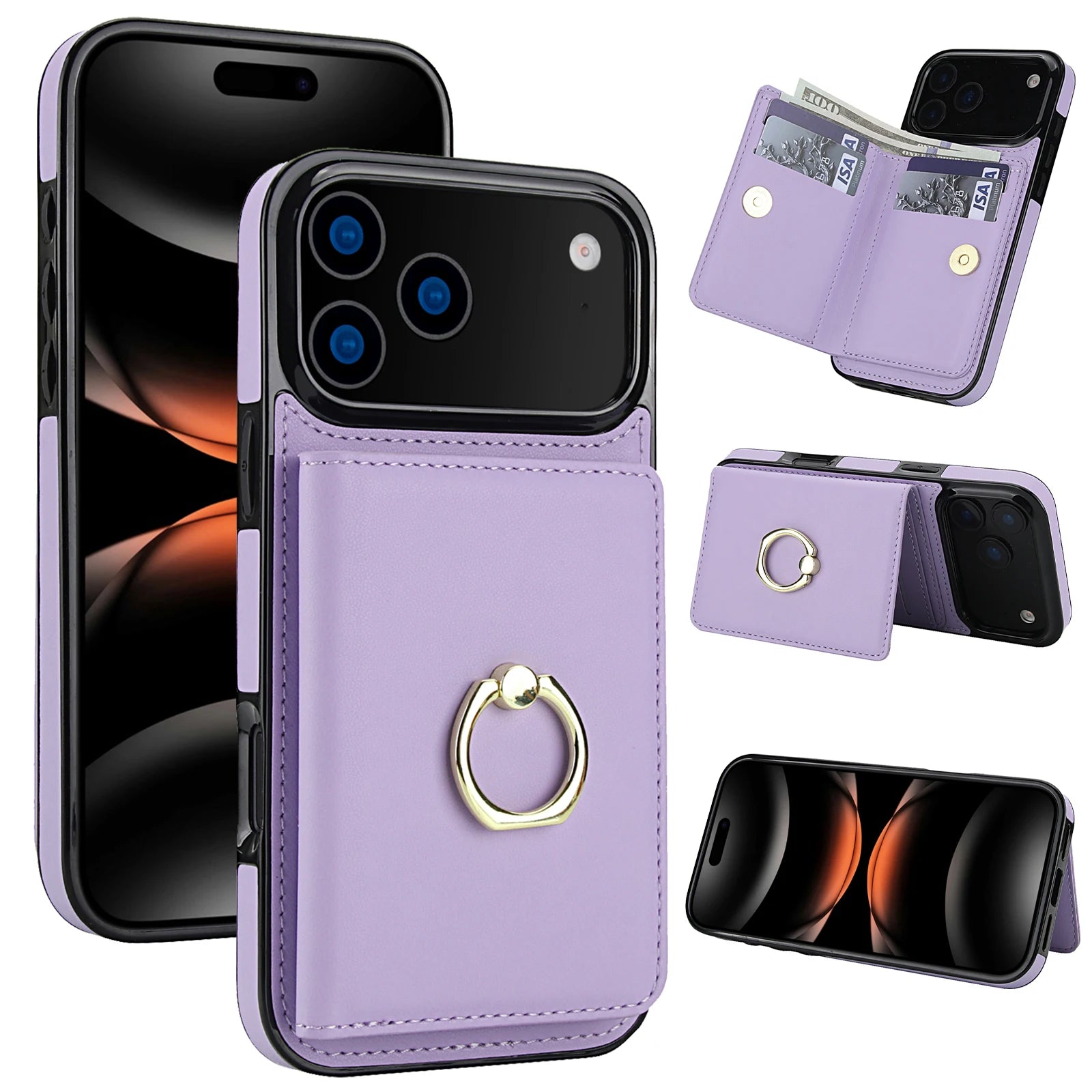 iPhone 17 Series Leather Case with Card Holder and Kickstand