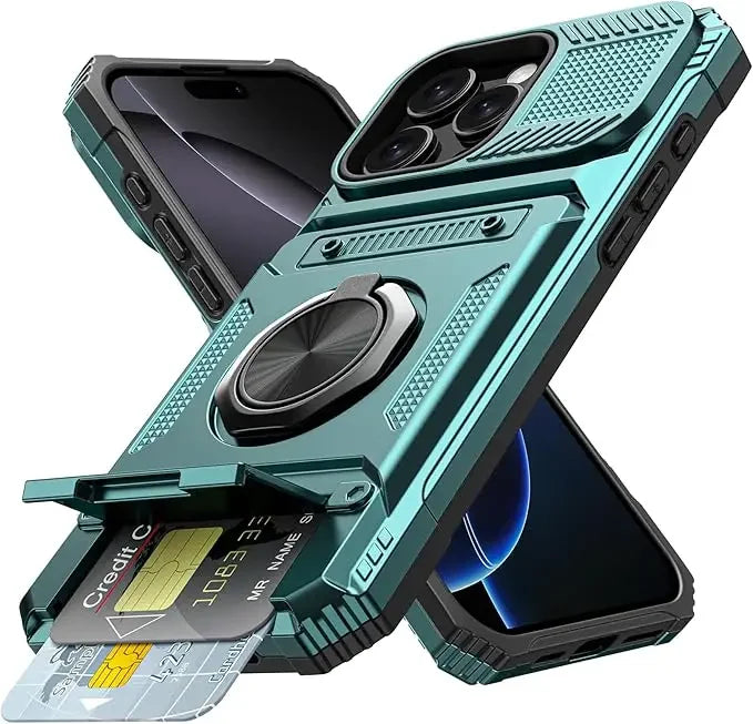 iPhone 16 Series Shockproof Magnetic Heavy Duty Case with Ring & Card Slot