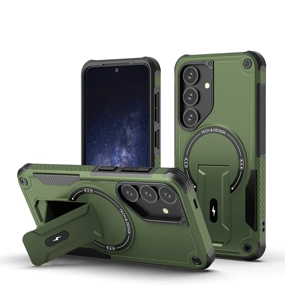 Green phone case with ring holder for Samsung S25 on a white background