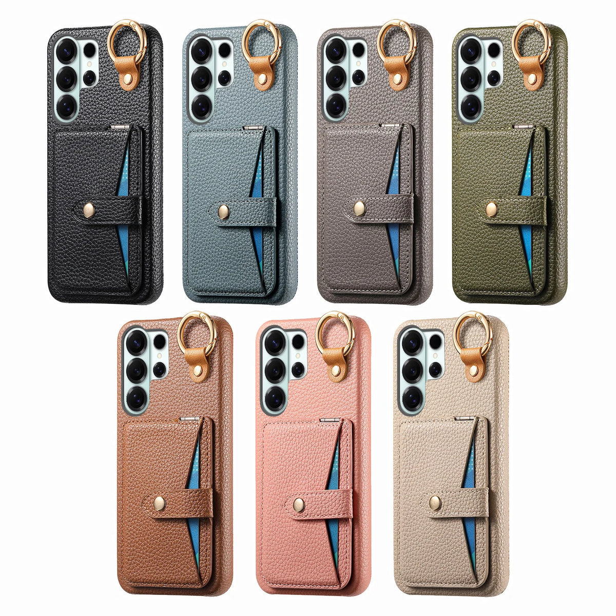 Pebbled Leather Ring Holder Case with  Makeup Mirror for Samsung Galaxy S22 Series