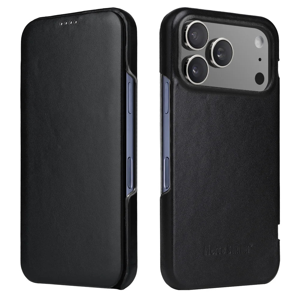 Premium Natural Cowhide Leather Flip Case for iPhone 17 Series