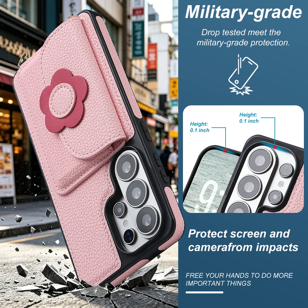 Pebbled Leather Crossbody Lanyard Case with Rotatable Flower Grip Stand for Samsung Galaxy S24 Series