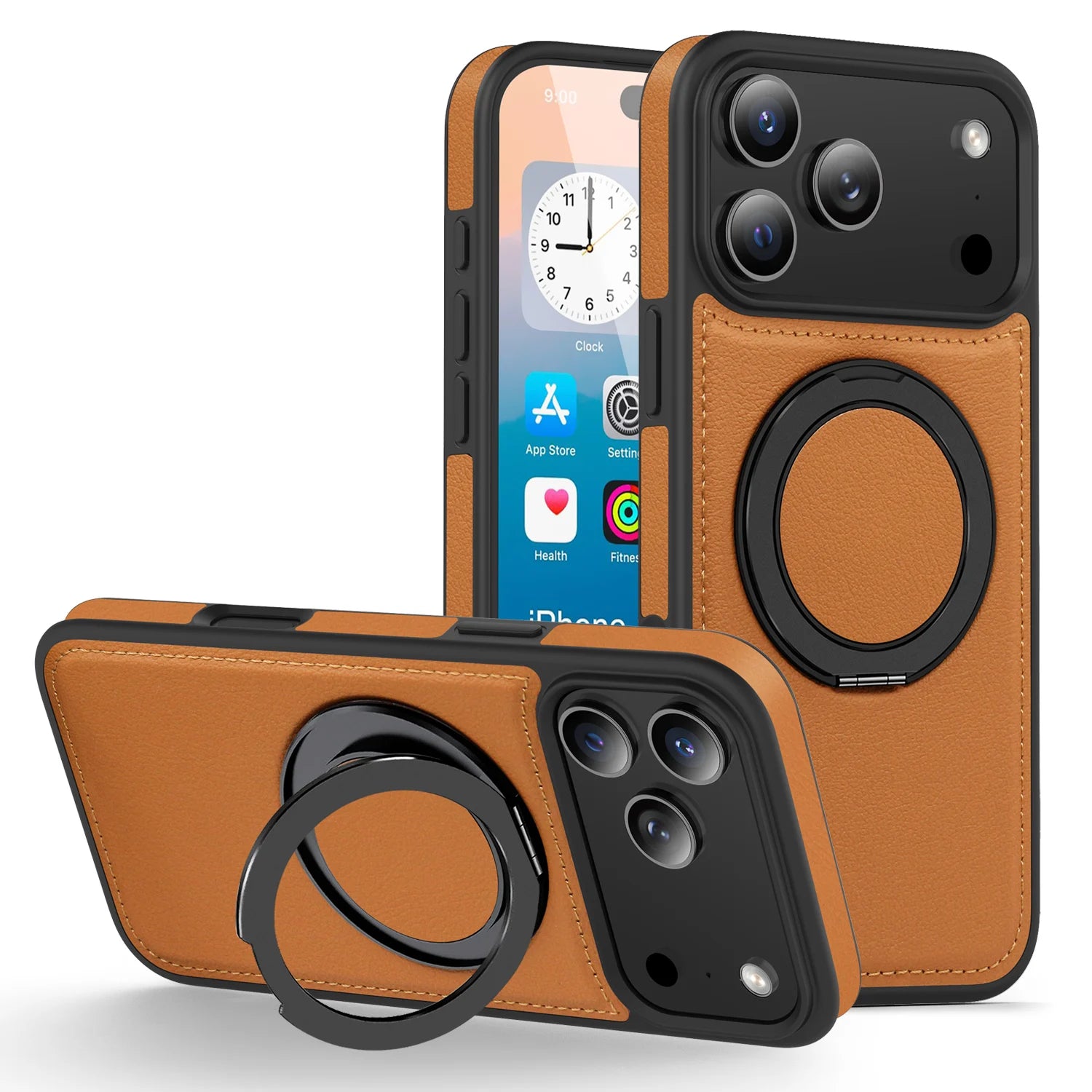 Premium Leather MagSafe Case for iPhone 17 Series with 360° Rotating Ring Stand