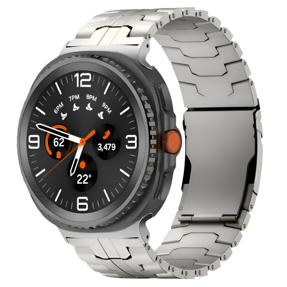 Smartwatch with metallic band on a white background