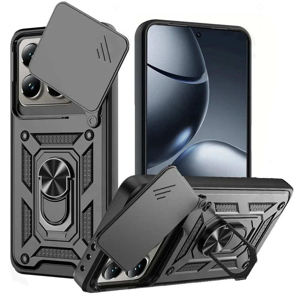 Shockproof Armor Magnetic Case with Slide Camera Cover & Ring Holder for Xiaomi 14T Series