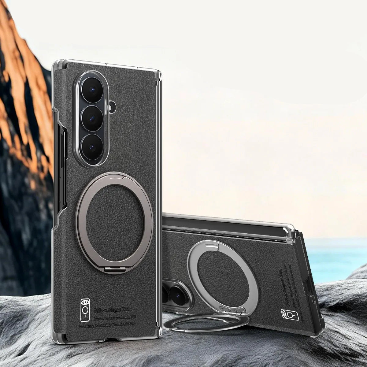 Textured Leather Shockproof Kickstand Case with 360° Rotating Ring for Samsung Galaxy Z Fold 7