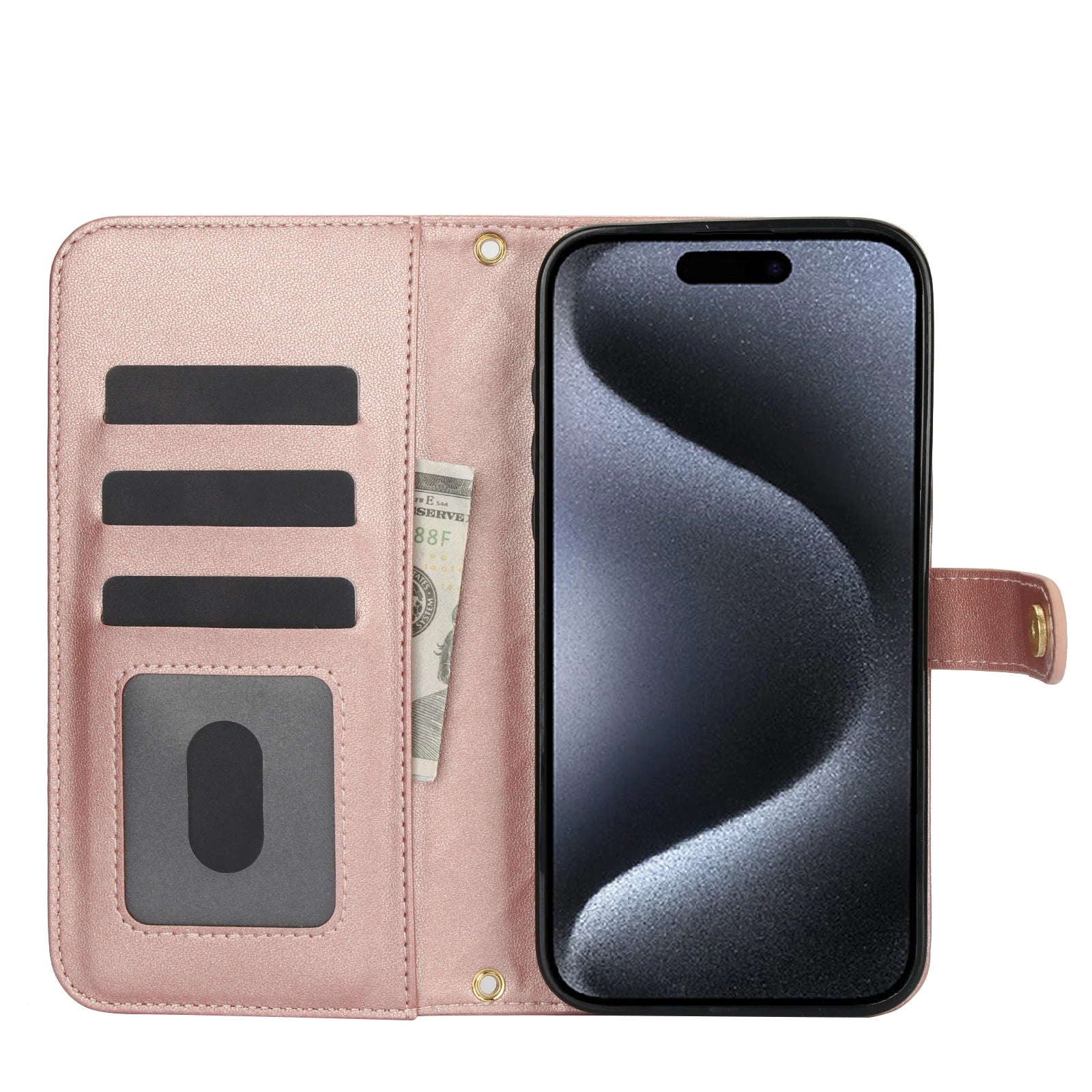 Leather Book Case with Crossbody Strap and Card Slots for iPhone 15 Series