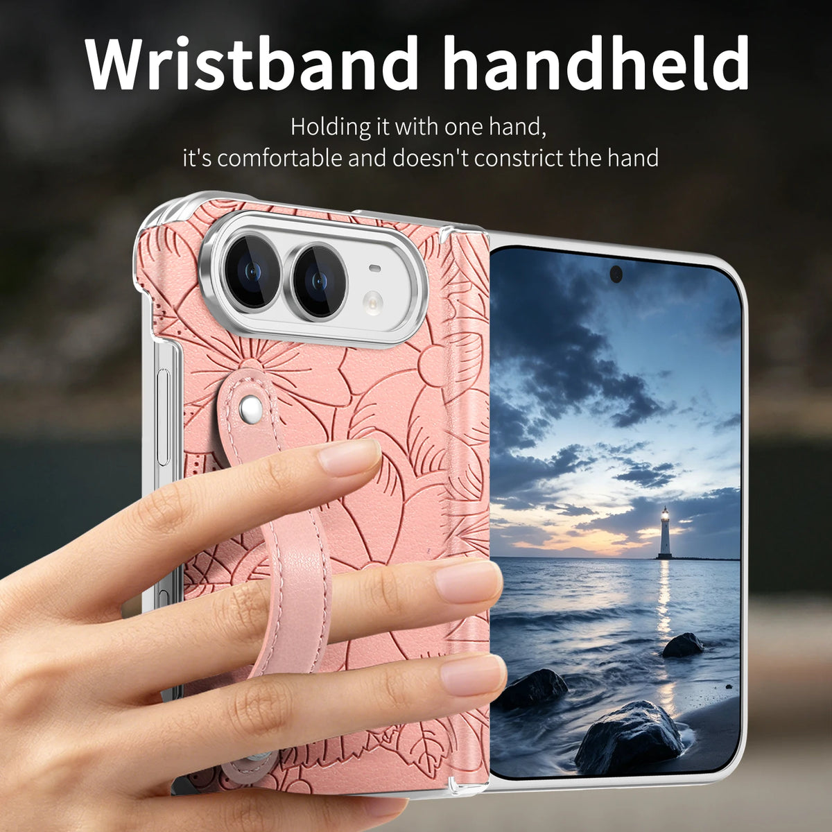 Embossed Floral Leather Case with Wrist Strap and Hinge Protection for iPhone Duo
