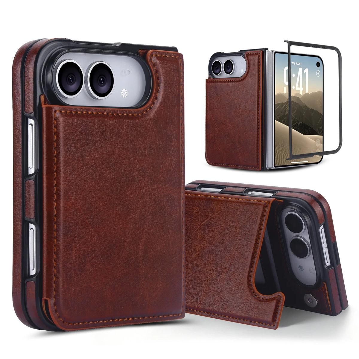 Leather Wallet Case with Card Slots and Foldable Stand for iPhone Duo