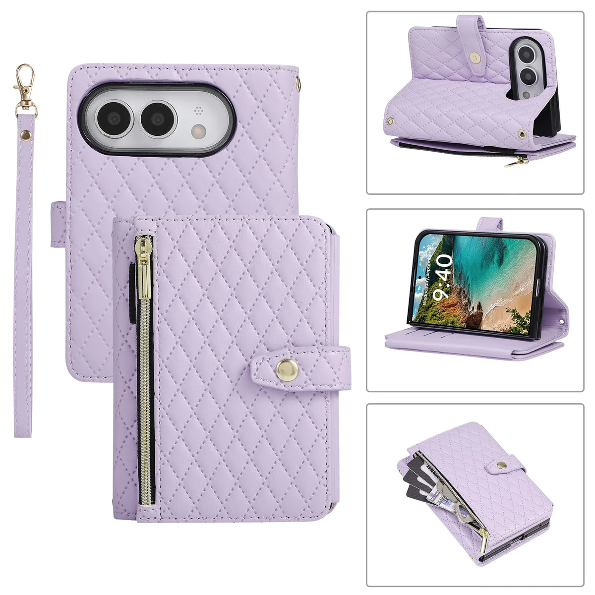 Quilted Leather Crossbody Lanyard Case with 9-Card Wallet for iPhone Duo