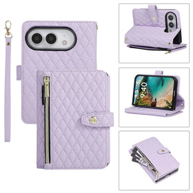 Quilted Leather Crossbody Lanyard Case with 9-Card Wallet for iPhone Duo