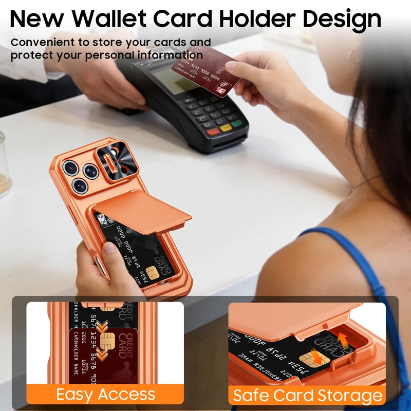 Shockproof PC+TPU Slide Camera Lens Protection Case with 3-Card Wallet for iPhone 18 Series