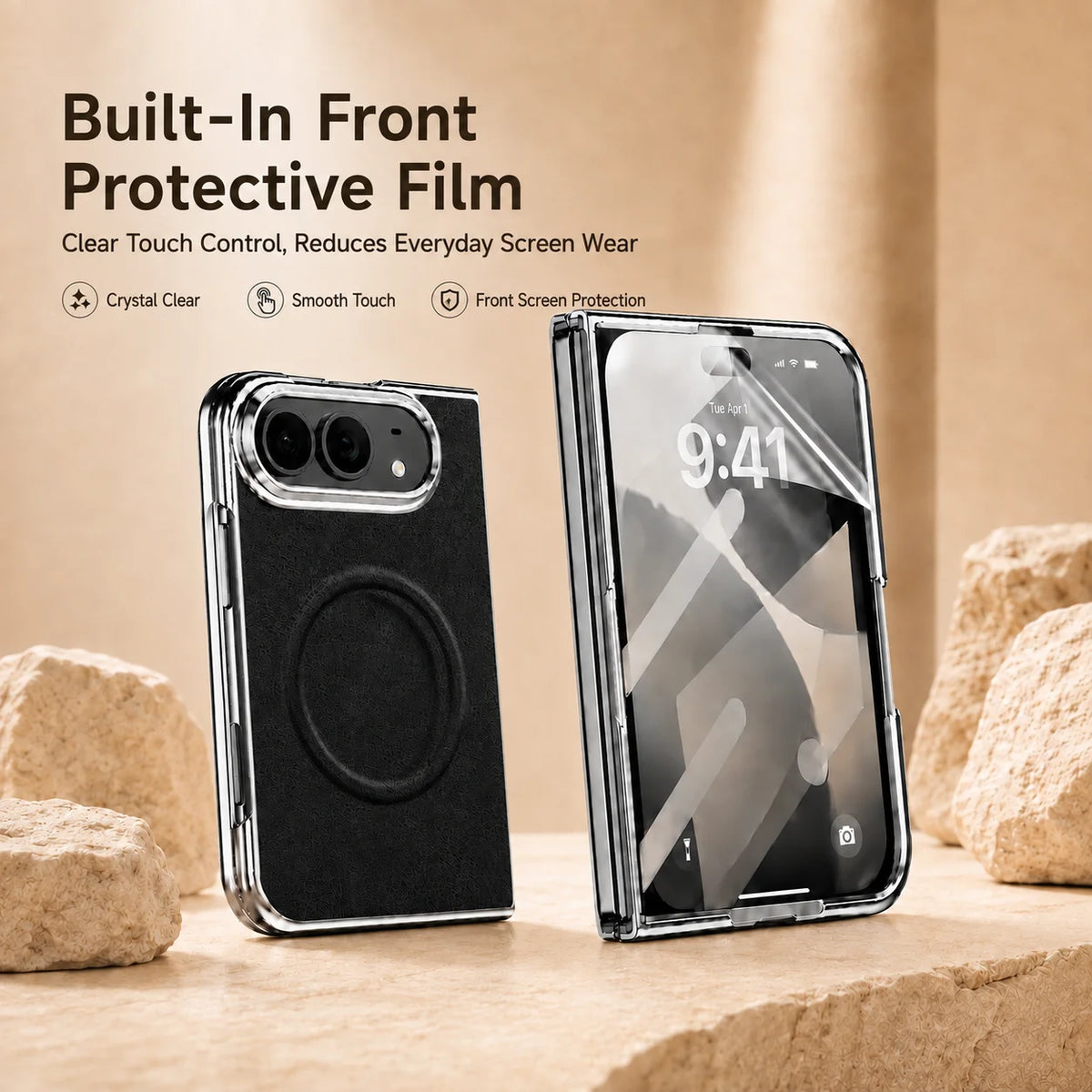 Stone-Textured Foldable MagSafe Case with Ring Stand for iPhone Duo