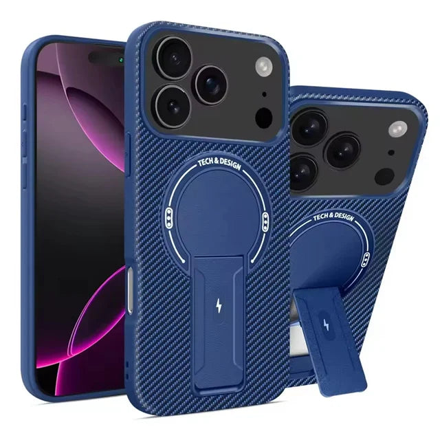 Military-Grade Luxury Carbon Fiber Pattern MagSafe Case with Foldable Stand for iPhone 17 Series