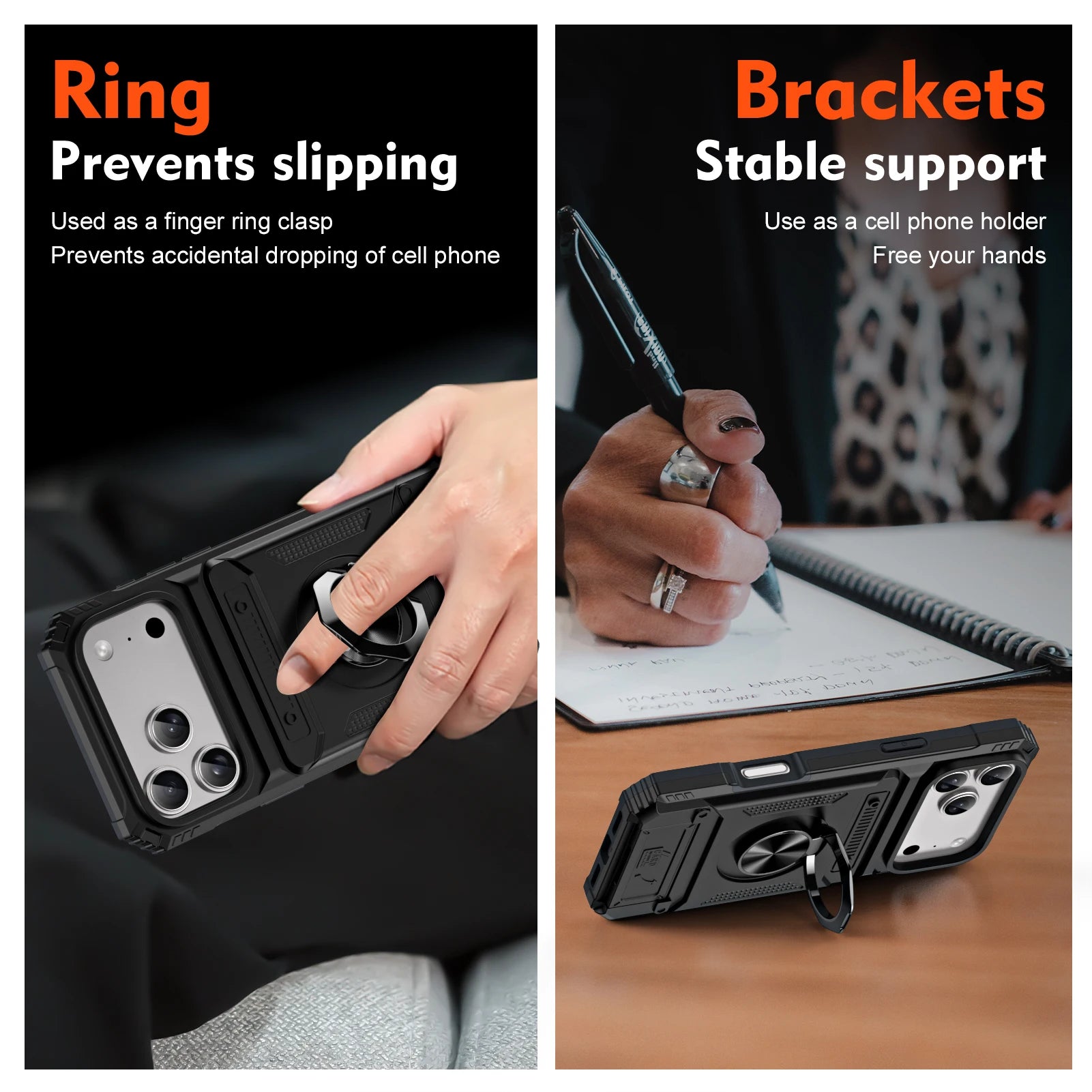 iPhone 17 Series Armor Protective Magnetic Case with Metal Ring Stand & Card Holder Back