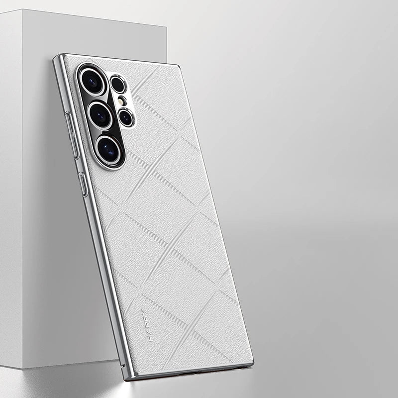 Plaid Grid Leather PU Case with Plating Lens for Samsung Galaxy S24 Series