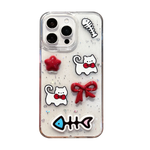 Glittery 3D Cats & Fishbones Clear Cute Phone Case for iPhone 16 Series