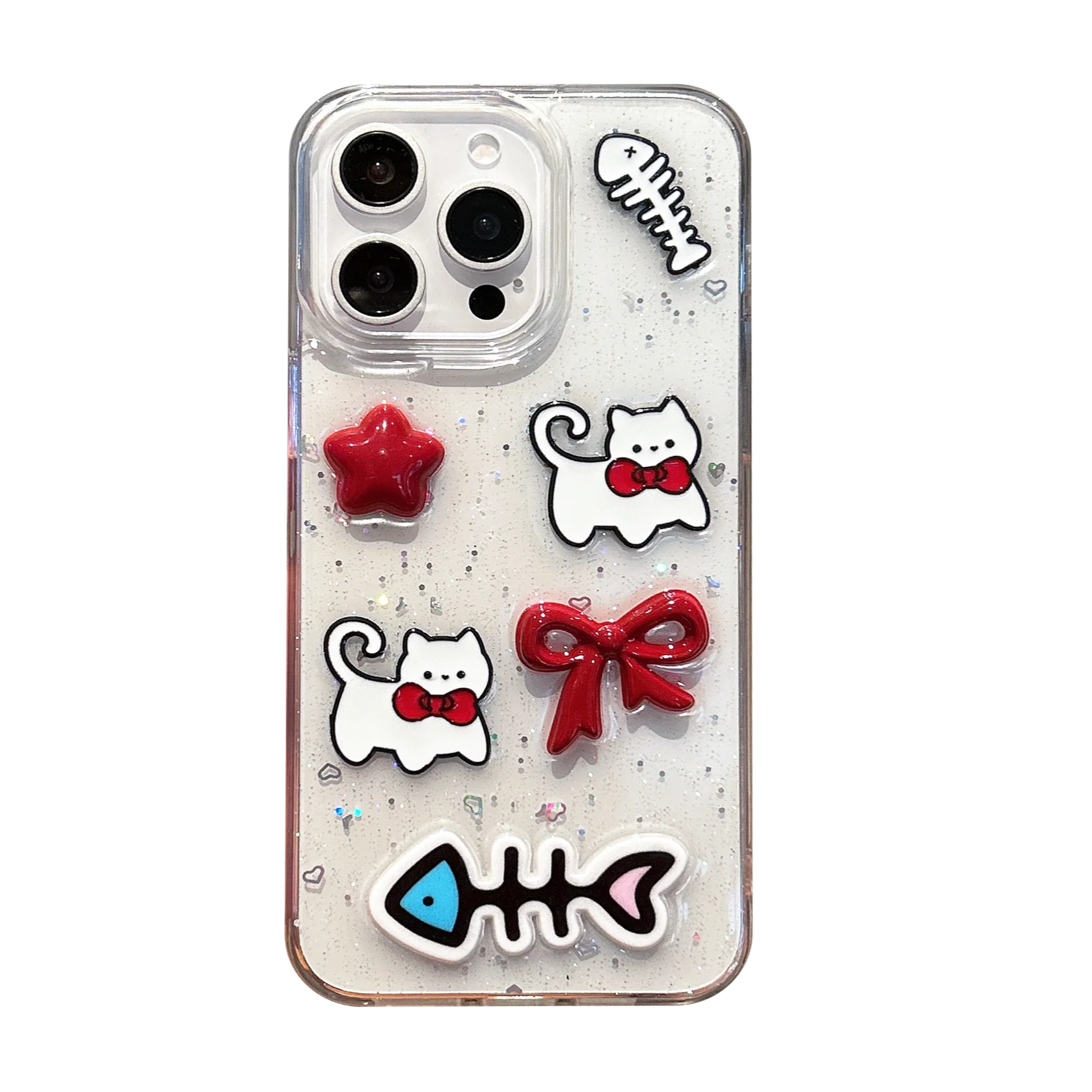 Glittery 3D Cats & Fishbones Clear Cute Phone Case for iPhone 16 Series