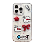 Glittery 3D Cats & Fishbones Clear Cute Phone Case for iPhone 15 Series
