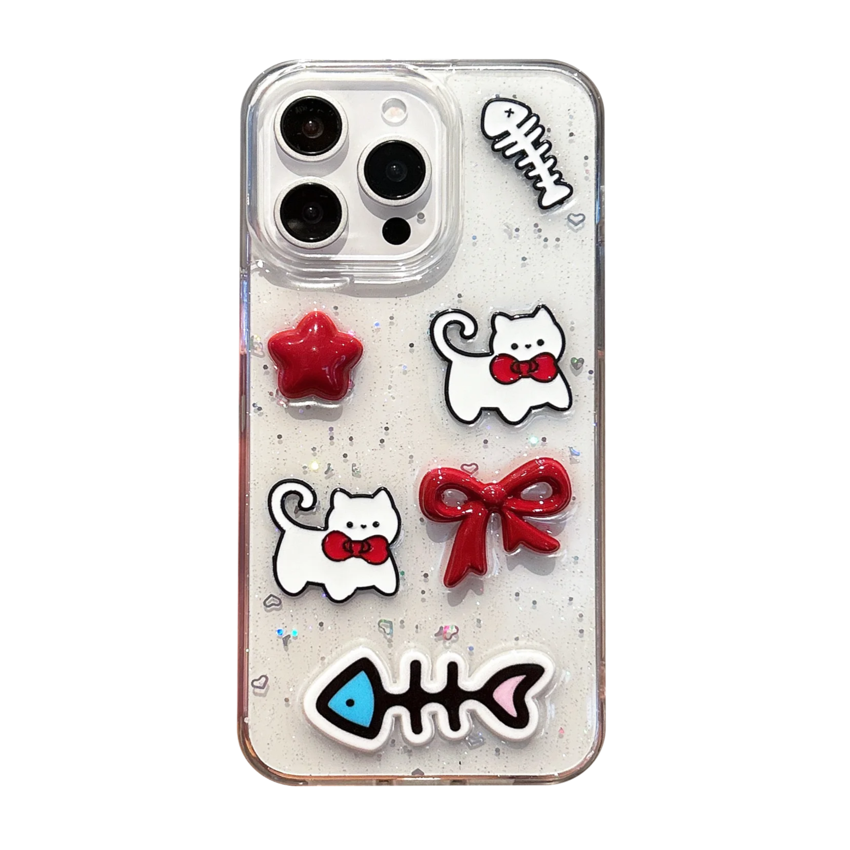 Glittery 3D Cats & Fishbones Clear Cute Phone Case for iPhone 15 Series