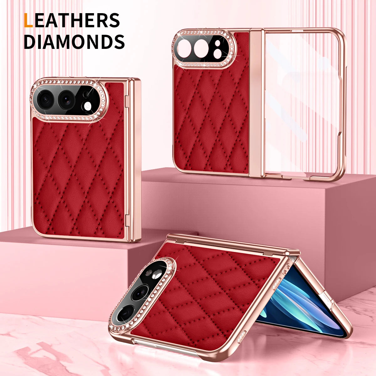 Quilted Leather Hinge Protection Case with Full-Perimeter Metal Frame for iPhone Duo