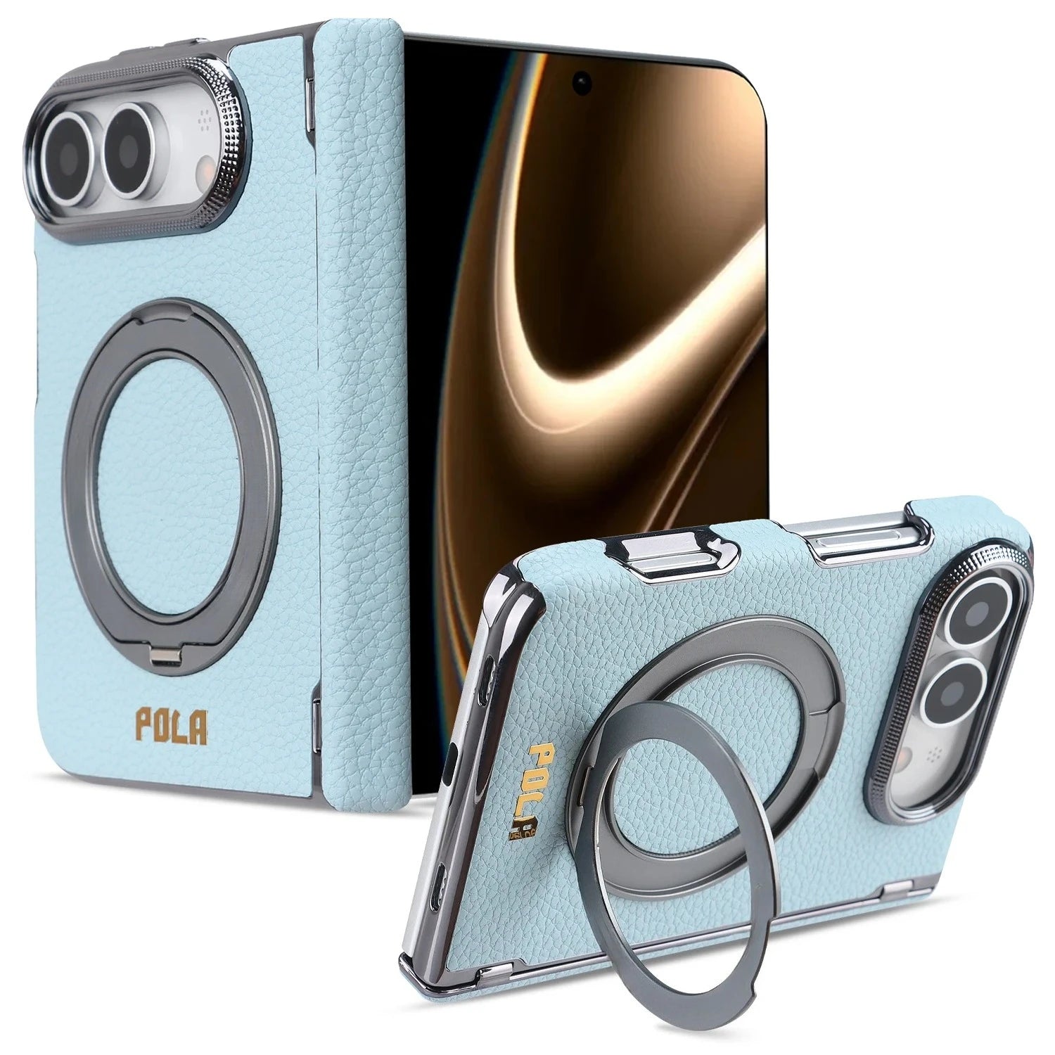 Litchi Grain Leather MagSafe Case with 360° Rotating Ring Stand for iPhone Duo