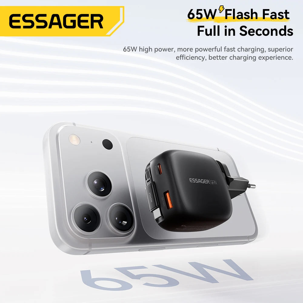 Essager 65W GaN Fast Charger with Retractable Type-C Cable
