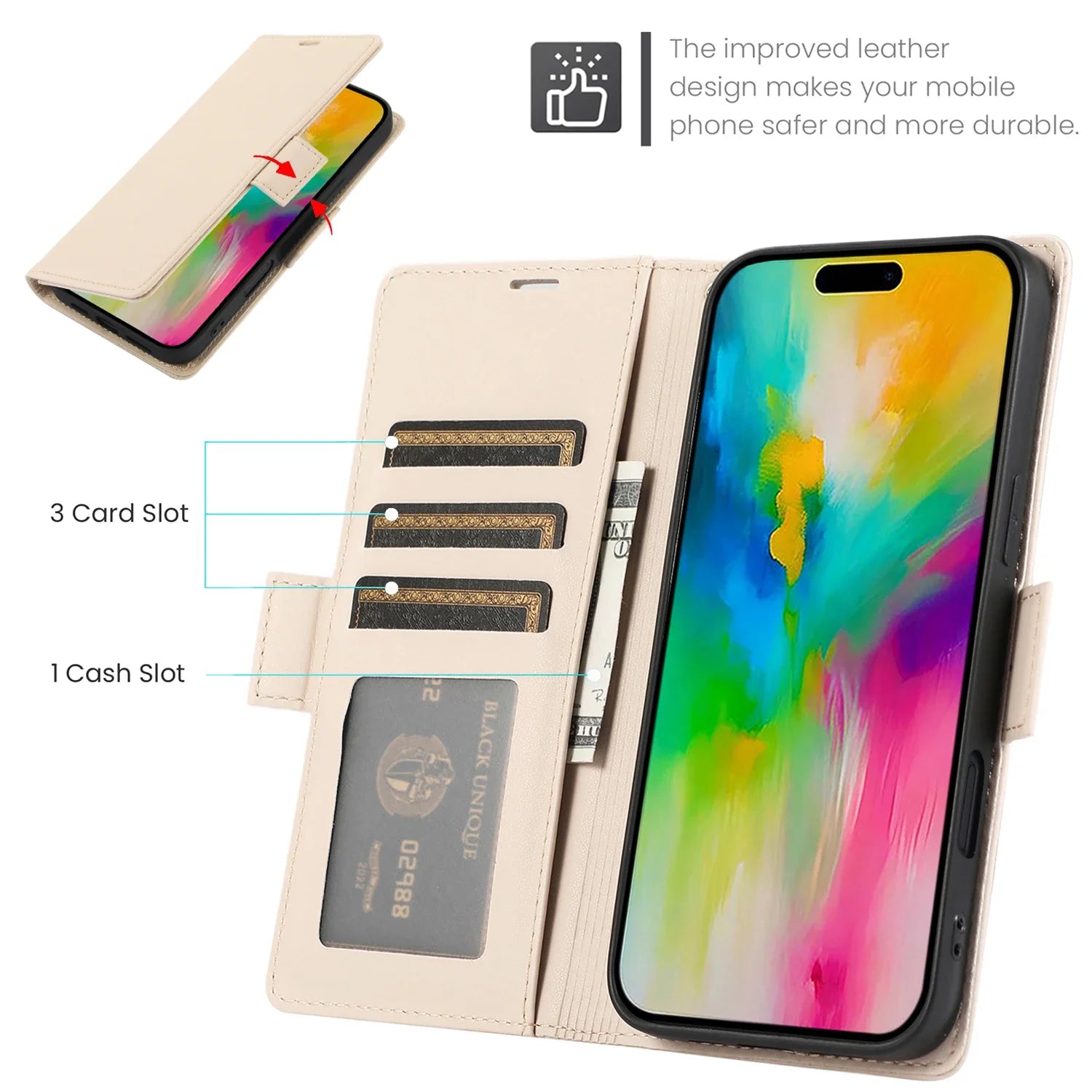 Premium Leather Kickstand Wallet Case with Card Holder for iPhone 15 Series
