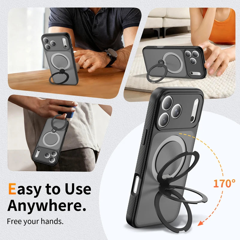 MagSafe Compatible Frosted Case with Rotatable Metal Ring Stand for iPhone 17 Series